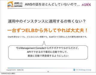 Copyright © 2013 AGREX INC.
18
AWSの話をほとんどしていないので…
運用中のインスタンスに適用するの怖くない？
一台ずつELBから外してやれば大丈夫！
今はManagement Consoleからポチポチやりながらだけど、
APIでできるので最初に自動で外して、
最後に自動で再登録するようにしたい
Chefを使わなくても、どんなに小さい規模でも、ELB付けて冗長化した方が運用は絶対楽です。
13年9月10日火曜日
 