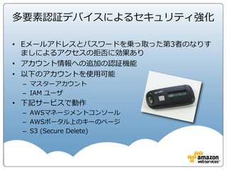 AWS 基本サービス
コンピュート ストレージ データベース ネットワーク
AWS
グローバル
インフラストラクチャ リージョン
アベイラビリティ
ゾーン エッジ
ロケーション
ネットワーク
サーバー
セキュリティ
インベントリ
・構成管理
お客様のアプリケーション・コンテンツ
お客様自身で
クラウドを
コントロール可能
AWSが
クラウドの
セキュリティを
担当
データ
セキュリティ
アクセス
コントロール
AWS 責任共有モデル
 