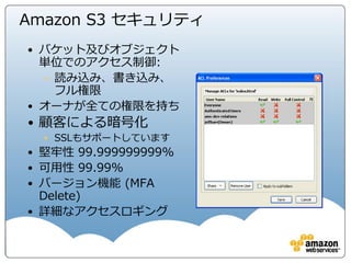 お客様のアプリケーション・コンテンツ
AWSのセキュリティツール・機能
Security
“IN”
the Cloud
AWSとAWSのパートナーは、700以上のセキュリティサービスや、ツール、機能を提供。
既存の環境で実施していたことと同等、もしくはそれ以上のコントロールを実現可能です。
ネットワーク
サーバー
セキュリティ
インベントリ
・構成管理
データ
セキュリティ
アクセス
コントロール
監視・監督
 