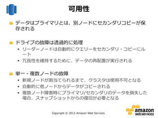 Copyright © 2012 Amazon Web Services
可用性
データはプライマリとは、別ノードにセカンダリコピーが保
存される
ドライブの故障は透過的に処理
 リーダーノードは自動的にクエリーをセカンダリ・コピーにル
ート
 冗長性を維持するために、データの再配置が実行される
単一・複数ノードの故障
 新規ノードが割当てられるまで、クラスタは使用不可となる
 自動的に他ノードからデータがコピーされる
 複数ノード障害時にプライマリ/セカンダリのデータを損失した
場合、スナップショットからの復旧が必要となる
 