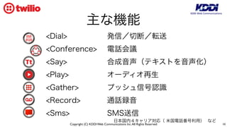Copyright (C) KDDI Web Communications Inc.All Rights Reserved
主な機能
<Dial> 発信／切断／転送
<Conference> 電話会議
<Say> 合成音声（テキストを音声化）
<Play> オーディオ再生
<Gather> プッシュ信号認識
<Record> 通話録音
<Sms> SMS送信
10
日本国内４キャリア対応（ 米国電話番号利用） など
 