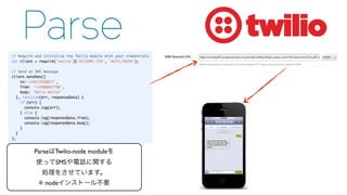 ParseはTwilio-node moduleを	

使ってSMSや電話に関する	

処理をさせています。	

※ nodeインストール不要
 
