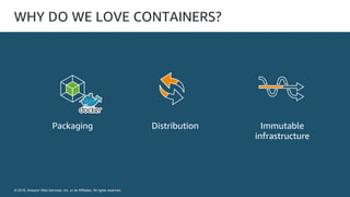 © 2018, Amazon Web Services, Inc. or its Affiliates. All rights reserved.
© 2018, Amazon Web Services, Inc. or its Affiliates. All rights reserved.
WHY DO WE LOVE CONTAINERS?
Packaging Distribution Immutable
infrastructure
 