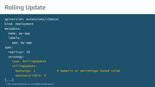 © 2018, Amazon Web Services, Inc. or its Affiliates. All rights reserved.
© 2018, Amazon Web Services, Inc. or its Affiliates. All rights reserved.
Rolling Update
apiVersion: extensions/v1beta1
kind: Deployment
metadata:
name: my-app
labels:
app: my-app
spec:
replicas: 10
strategy:
type: RollingUpdate
rollingUpdate:
maxSurge: 1 # Numeric or percentage based value
maxUnavailable: 0
[...]
 