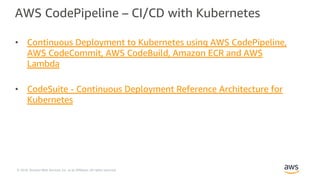 © 2018, Amazon Web Services, Inc. or its Affiliates. All rights reserved.
AWS CodePipeline – CI/CD with Kubernetes
• Continuous Deployment to Kubernetes using AWS CodePipeline,
AWS CodeCommit, AWS CodeBuild, Amazon ECR and AWS
Lambda
• CodeSuite - Continuous Deployment Reference Architecture for
Kubernetes
 