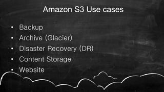 • Backup
• Archive (Glacier)
• Disaster Recovery (DR)
• Content Storage
• Website
30
Amazon S3 Use cases
 