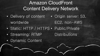 • Delivery of content
worldwide
• Static: HTTP / HTTPS
• Streaming: RTMP
• Dynamic Content
• Origin server: S3,
EC2, non-AWS
• Public/Private
Distributions
33
Amazon CloudFront
Content Delivery Network
 
