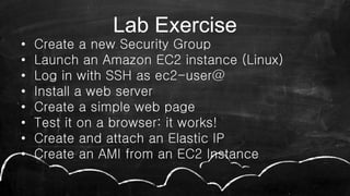 Lab Exercise
• Create a new Security Group
• Launch an Amazon EC2 instance (Linux)
• Log in with SSH as ec2-user@
• Install a web server
• Create a simple web page
• Test it on a browser: it works!
• Create and attach an Elastic IP
• Create an AMI from an EC2 Instance
 