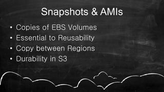 Snapshots & AMIs
• Copies of EBS Volumes
• Essential to Reusability
• Copy between Regions
• Durability in S3
 