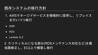 既存システムの移行方針
1. AWSマネージドサービスを積極的に採用し、リプレイス
を行いつつ移行
● EMR
● RDS
● Lambda など
2. クリティカルになる部分(RDSメンテナンス対応など)を最
低限修正し、EC2上で構築し移行
 