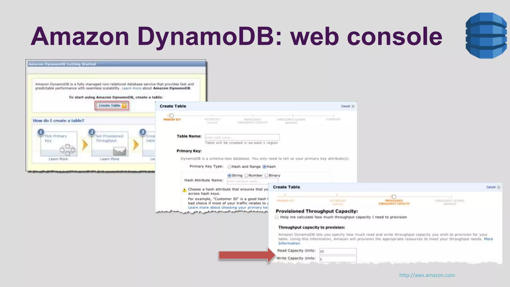 Amazon DynamoDB: web console
http://aws.amazon.com
 