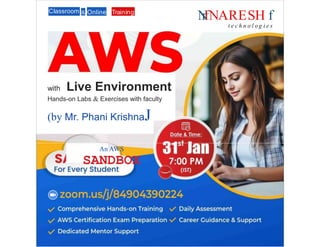 Classroom & Online Training
N
rfNARESH f
t e c h n o l og i e s
with Live Environment
Hands-on Labs & Exercises with faculty
(by Mr. Phani KrishnaJ
An AWS
SANDBOX
 