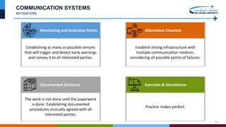 Practice makes perfect.
The work is not done until the paperwork
is done. Establishing documented
procedures mutually agreed with all
interested parties.
Establishing as many as possible sensors
that will trigger and detect early warnings
and convey it to all interested parties.
Establish strong infrastructure with
multiple communication medium,
considering all possible points of failures.
10
COMMUNICATION SYSTEMS
MITIGATIONS
Monitoring and Detection Points Alternative Channels
Documented Solutions Exercises & Simulations
 