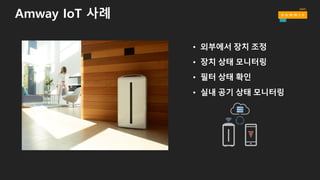• 외부에서 장치 조정
• 장치 상태 모니터링
• 필터 상태 확인
• 실내 공기 상태 모니터링
Amway IoT 사례
 