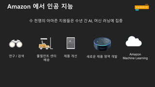 수 천명의 아마존 지원들은 수년 간 AI, 머신 러닝에 집중
연구 / 검색 풀필먼트 센터
배송
제품 개선 새로운 제품 영역 개발
Amazon
Machine Learning
Amazon 에서 인공 지능
 