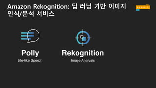 Rekognition
Life-like Speech Image Analysis
Polly
Amazon Rekognition: 딥 러닝 기반 이미지
인식/분석 서비스
 