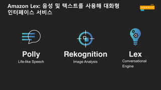 Rekognition Lex
Life-like Speech Image Analysis Conversational
Engine
Polly
Amazon Lex: 음성 및 텍스트를 사용해 대화형
인터페이스 서비스
 
