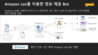 Amazon Lex를 이용한 정보 제공 Bot
Amazon Lex를 사용하여 최신 뉴스 업데이트, 경기 점수, 날씨 등 일상적인 고객 요청을
위한 챗봇을 개발
’환자 진료 시간 예약 Amazon Lex Bot 개발’
 