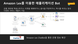 Amazon Lex를 이용한 애플리케이션 Bot
은행 계좌에 액세스하거나, 티켓을 예매하거나, 음식을 주문하거나, 택시를 부르는 등의
다양한 서비스 개발이 가능
‘Amazon Lex ChatBot을 통한 은행 정보 확인’
 