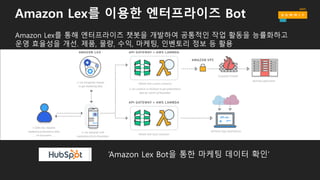 Amazon Lex를 이용한 엔터프라이즈 Bot
Amazon Lex를 통해 엔터프라이즈 챗봇을 개발하여 공통적인 작업 활동을 능률화하고
운영 효율성을 개선. 제품, 물량, 수익, 마케팅, 인벤토리 정보 등 활용
‘Amazon Lex Bot을 통한 마케팅 데이터 확인’
 