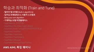 © 2020, Amazon Web Services, Inc. or its affiliates. All rights reserved.
- SageMaker RL (강화학습)
- SageMaker DGL (Deep Graph Library)
- Automatic Model Tuning(하이퍼파라미터 튜닝)
- SageMaker AutoPilot
- SageMaker Experiment
- SageMaker Preprocessing
- SageMaker Debugger
- SageMaker Managed Spot Training
 