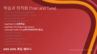 © 2020, Amazon Web Services, Inc. or its affiliates. All rights reserved.
- 빌트인 알고리즘 (Built-in algorithms)
- 딥러닝 프레임워크 & 사용자 스크립트
- Bring your own algorithm
- 기계학습 모델 마켓플레이스
- SageMaker AutoPilot
- SageMaker Experiment
- SageMaker Preprocessing
- SageMaker Debugger
- SageMaker Managed Spot Training
 