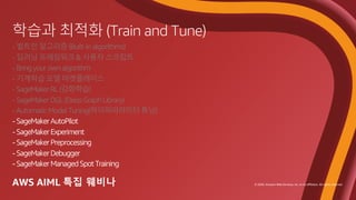 © 2020, Amazon Web Services, Inc. or its affiliates. All rights reserved.
- 빌트인 알고리즘 (Built-in algorithms)
- 딥러닝 프레임워크 & 사용자 스크립트
- Bring your own algorithm
- 기계학습 모델 마켓플레이스
- SageMaker RL (강화학습)
- SageMaker DGL (Deep Graph Library)
- Automatic Model Tuning(하이퍼파라미터 튜닝)
 