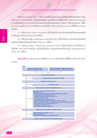 32
2
Chapter
รายงานผลการทบทวนรูปแบบการดำ�เนินงานป้องกันการเกิดโรคไม่ติดต่อในวิถีชีวิตด้วยการลดการบริโภคเกลือ
หลังจากการรวบรวม พบว่า การศึกษาวิจัยที่เกี่ยวข้องกับปริมาณโซเดียมที่ได้รับต่อระดับความดัน
โลหิต ระบบการท�ำงานของไต ระดับไขมันในเลือด และระดับของแคทีโคลลามีน (Catecholamine) และ
ความสัมพันธ์ต่อการตายด้วยโรคหัวใจและหลอดเลือดและอัมพฤกษ์ อัมพาต ที่เป็นเชิงปริมาณ ทั้งสิ้น
64 รายงาน แต่เป็นรายงานการวิจัยที่สามารถน�ำไปใช้ในการวิเคราะห์ Meta-analysis ได้ทั้งสิ้น 56 รายงาน
แบ่งเป็น
1)	 การศึกษาแบบ Cohort Prospective ที่เกี่ยวข้องกับการตายด้วยโรคโรคหัวใจและหลอดเลือด
และอัมพฤกษ์ อัมพาต จ�ำนวน 14 การศึกษา
2)	 การศึกษาแบบสุ่ม (randomized controlled trials) ที่เกี่ยวข้องกับการตายด้วยโรคโรคหัวใจ
และหลอดเลือดและอัมพฤกษ์ อัมพาต จ�ำนวน 5 การศึกษา
3)	 การศึกษาแบบสุ่ม (randomized controlled trials) ที่เกี่ยวข้องกับการวัดระดับความ
ดันโลหิต ระบบการท�ำงานของไต ระดับไขมันในเลือด และระดับของแคทีโคลลามีน (Catecholamine)
จ�ำนวน 37 การศึกษา
แผนภาพที่ 2.8 แสดงกระบวนการคัดเลือกรายงานการศึกษาวิจัย เพื่อใช้ในการวิเคราะห์ Meta-
analysis
 
