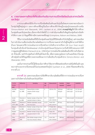 40
2
Chapter
รายงานผลการทบทวนรูปแบบการดำ�เนินงานป้องกันการเกิดโรคไม่ติดต่อในวิถีชีวิตด้วยการลดการบริโภคเกลือ
6. รายงานผลการศึกษาที่เกี่ยวข้องกับปริมาณการบริโภคโซเดียมในประชากรวัยเด็ก
และวัยรุ่น
การรายงานศึกษาที่เกี่ยวกับการบริโภคโซเดียมในเด็กและวัยรุ่นนั้นยังพบความหลาหลายน้อยกว่า
ในกลุ่มวัยผู้ใหญ่อยู่มาก และการศึกษาที่มีอยู่นั้นเป็นการศึกษาที่จ�ำกัดอยู่ในกลุ่มยุโรปและอเมริกาเหนือ
(Simons-Morton and Obarzanek, 1997; Lambert et al., 2004) สาเหตุส�ำคัญที่ท�ำให้การศึกษา
ในกลุ่มเด็กและวัยรุ่นพบน้อย เนื่องจากข้อจ�ำกัดดังนี้ (1) การด�ำเนินงานเพื่อเก็บข้อมูลในกลุ่มตัวอย่างวัยเด็ก
ท�ำได้ยาก และ (2) ข้อมูลที่ได้อาจมีความคลาดเคลื่อนสูง (Livingstone, Robson and Wallace, 2004).
วิธีในการประเมินโซเดียมที่ได้รับในกลุ่มเด็กและวัยรุ่นใช้วิธีเช่นเดียวกับในวัยผู้ใหญ่ แต่รายละเอียด
ในการด�ำเนินงานเพื่อประเมินปริมาณโซเดียมจากการบริโภคอาจแตกต่างกับวัยผู้ใหญ่ที่สามารถท�ำได้ด้วย
ตัวเอง โดยเฉพาะวิธีการประเมินอาหารบริโภคด้วยการบันทึกอาหารบริโภค (24 hour food recall)
ในกลุ่มเด็กเล็กต้องท�ำโดยพ่อและแม่ ส่วนในกลุ่มเด็กโตและวัยรุ่นสามารถบันทึกได้ด้วยตนเองภายใต้
การดูแลของผู้รับผิดชอบ (Yamauchi et al., 1994) ส่วนการประเมินปริมาณโซเดียมด้วยวิธีการเก็บปัสสาวะ
24 ชั่วโมงนั้น จะท�ำกับกลุ่มตัวอย่างที่เป็นเด็กโตเท่านั้น เพื่อความสมบรูณ์ของการเก็บและยังพบว่าในกลุ่ม
เด็กหญิงมักจะได้ข้อมูลที่มีความคลาดเคลื่อนมากกว่าเมื่อเทียบกับกลุ่มเด็กชาย (Simons-Morton and
Obarzanek, 1997).
และในการทบทวนครั้งนี้ ผู้วิจัยจะเน้นการศึกษาวิจัยอาหารที่ส่งผลต่อระดับความดันโลหิตในเด็ก และ
พบการส�ำรวจอาหารบริโภคของเด็กในประเทศเขตทวีปยุโรป (Lambert et al., 2004) ซึ่งผลของศึกษาใน
ตารางที่ 2.6
ตารางที่ 2.6 แสดงรายละเอียดงานวิจัยที่ศึกษาปริมาณโซเดียมที่ได้จากการประเมินอาหารบริโภค
และการเก็บปัสสาวะในวัยเด็กและวัยรุ่นทั่วโลก
 