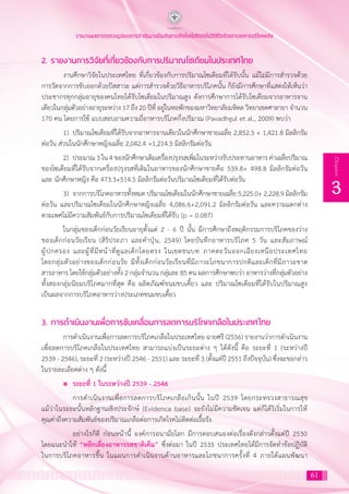 61
3
Chapter
รายงานผลการทบทวนรูปแบบการดำ�เนินงานป้องกันการเกิดโรคไม่ติดต่อในวิถีชีวิตด้วยการลดการบริโภคเกลือ
2. รายงานการวิจัยที่เกี่ยวข้องกับการปริมาณโซเดียมในประเทศไทย
งานศึกษาวิจัยในประเทศไทย ที่เกี่ยวข้องกับการปริมาณโซเดียมที่ได้รับนั้น แม้ไม่มีการส�ำรวจด้วย
การวัดจากการขับออกด้วยปัสสาวะ แต่การส�ำรวจด้วยวิธีอาหารบริโภคนั้น ก็ยังมีการศึกษาที่แสดงให้เห็นว่า
ประชากรทุกกลุ่มอายุของคนไทยได้รับโซเดียมในปริมาณสูง ดังการศึกษาการได้รับโซเดียมจากอาหารจาน
เดียวในกลุ่มตัวอย่างอายุระหว่าง 17 ถึง 20 ปีที่ อยู่ในหอพักของมหาวิทยาลัยมหิดล วิทยาเขตศาลายา จ�ำนวน
170 คน โดยการใช้ แบบสอบถามความถี่อาหารบริโภคกึ่งปริมาณ (Pavadhgul et al., 2009) พบว่า
1)	 ปริมาณโซเดียมที่ได้รับจากอาหารจานเดียวในนักศึกษาชายเฉลี่ย 2,852.3 + 1,421.8 มิลลิกรัม
ต่อวัน ส่วนในนักศึกษาหญิงเฉลี่ย 2,042.4 +1,214.3 มิลลิกรัมต่อวัน
2)	 ประมาณ 3 ใน 4 ของนักศึกษาเติมเครื่องปรุงรสเพิ่มในระหว่างรับประทานอาหาร ค่าเฉลี่ยปริมาณ
ของโซเดียมที่ได้รับจากเครื่องปรุงรสที่เติมในอาหารของนักศึกษาชายคือ 539.8+ 498.8 มิลลิกรัมต่อวัน
และ นักศึกษาหญิง คือ 473.3+514.5 มิลลิกรัมต่อวันปริมาณโซเดียมที่ได้รับต่อวัน
3)	 จากการบริโภคอาหารทั้งหมด ปริมาณโซเดียมในนักศึกษาชายเฉลี่ย 5,225.0+ 2,228.9 มิลลิกรัม
ต่อวัน และปริมาณโซเดียมในนักศึกษาหญิงเฉลี่ย 4,086.6+2,091.2 มิลลิกรัมต่อวัน และความแตกต่าง
ตามเพศไม่มีความสัมพันธ์กับการปริมาณโซเดียมที่ได้รับ (p = 0.087)
ในกลุ่มของเด็กก่อนวัยเรียนอายุตั้งแต่ 2 - 6 ปี นั้น มีการศึกษาถึงพฤติกรรมการบริโภคของว่าง
ของเด็กก่อนวัยเรียน (สิริประภา และค�ำปุ่น, 2549) โดยบันทึกอาหารบริโภค 5 วัน และสัมภาษณ์
ผู้ปกครอง และผู้ที่มีหน้าที่ดูแลเด็กโดยตรง ในเขตชนบท ภาคตะวันออกเฉียงเหนือประเทศไทย
โดยกลุ่มตัวอย่างของเด็กก่อนวัย มีทั้งเด็กก่อนวัยเรียนที่มีภาวะโภชนาการปกติและเด็กที่มีภาวะขาด
สารอาหาร โดยใช้กลุ่มตัวอย่างทั้ง 2 กลุ่มจ�ำนวน กลุ่มละ 85 คน ผลการศึกษาพบว่า อาหารว่างที่กลุ่มตัวอย่าง
ทั้งสองกลุ่มนิยมบริโภคมากที่สุด คือ ผลิตภัณฑ์ขนมขบเคี้ยว และ ปริมาณโซเดียมที่ได้รับในปริมาณสูง
เป็นผลจากการบริโภคอาหารว่างประเภทขนมขบเคี้ยว
3. การด�ำเนินงานเพื่อการขับเคลื่อนการลดการบริโภคเกลือในประเทศไทย
การด�ำเนินงานเพื่อการลดการบริโภคเกลือในประเทศไทย ฉายศรี (2556) รายงานว่าการด�ำเนินงาน
เพื่อลดการบริโภคเกลือในประเทศไทย สามารถแบ่งเป็นระยะต่าง ๆ ได้ดังนี้ คือ ระยะที่ 1 (ระหว่างปี
2539 - 2546), ระยะที่ 2 (ระหว่างปี 2546 - 2551) และ ระยะที่ 3 (ตั้งแต่ปี 2551 ถึงปัจจุบัน) ซึ่งจะขอกล่าว
ในรายละเอียดต่าง ๆ ดังนี้
l	 ระยะที่ 1 ในระหว่างปี 2539 - 2546
	 การด�ำเนินงานเพื่อการลดการบริโภคเกลือเกินนั้น ในปี 2539 โดยกระทรวงสาธารณสุข
แม้ว่าในระยะนั้นหลักฐานเชิงประจักษ์ (Evidenca base) จะยังไม่มีความชัดเจน แต่ก็ได้ริเริ่มในการให้
คุณค่าถึงความสัมพันธ์ของปริมาณเกลือต่อการเกิดโรคไม่ติดต่อเรื้อรัง
	 อย่างไรก็ดี ก่อนหน้านี้ องค์การอนามัยโลก มีการตอบสนองต่อเรื่องดังกล่าวตั้งแต่ปี 2530
โดยแนะน�ำให้ “หลีกเลี่ยงอาหารรสชาติเค็ม” ซึ่งต่อมา ในปี 2535 ประเทศไทยได้มีการจัดท�ำข้อปฏิบัติ
ในการบริโภคอาหารขึ้น ในแผนการด�ำเนินงานด้านอาหารและโภชนาการครั้งที่ 4 ภายใต้แผนพัฒนา
 
