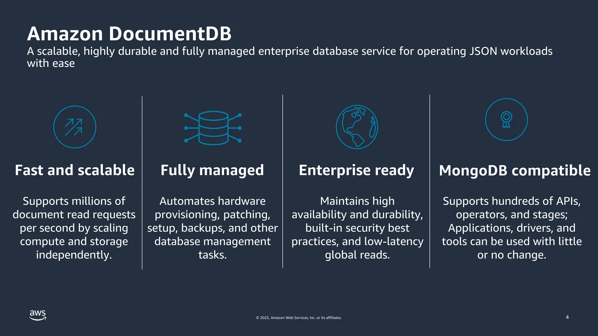 © 2022, Amazon Web Services, Inc. or its affiliates. 4
© 2023, Amazon Web Services, Inc. or its affiliates.
Amazon DocumentDB
A scalable, highly durable and fully managed enterprise database service for operating JSON workloads
with ease
Supports millions of
document read requests
per second by scaling
compute and storage
independently.
Fast and scalable
Maintains high
availability and durability,
built-in security best
practices, and low-latency
global reads.
Automates hardware
provisioning, patching,
setup, backups, and other
database management
tasks.
Fully managed
Supports hundreds of APIs,
operators, and stages;
Applications, drivers, and
tools can be used with little
or no change.
MongoDB compatible
Enterprise ready
 