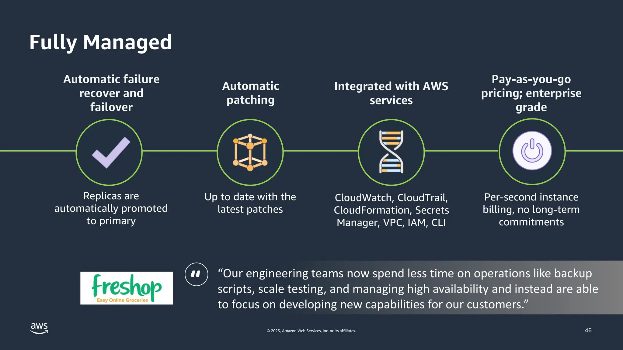 © 2023, Amazon Web Services, Inc. or its affiliates.
“Our engineering teams now spend less time on operations like backup
scripts, scale testing, and managing high availability and instead are able
to focus on developing new capabilities for our customers.”
46
Automatic
patching
Up to date with the
latest patches
Replicas are
automatically promoted
to primary
Automatic failure
recover and
failover
Integrated with AWS
services
CloudWatch, CloudTrail,
CloudFormation, Secrets
Manager, VPC, IAM, CLI
Pay-as-you-go
pricing; enterprise
grade
Per-second instance
billing, no long-term
commitments
Fully Managed
“
 
