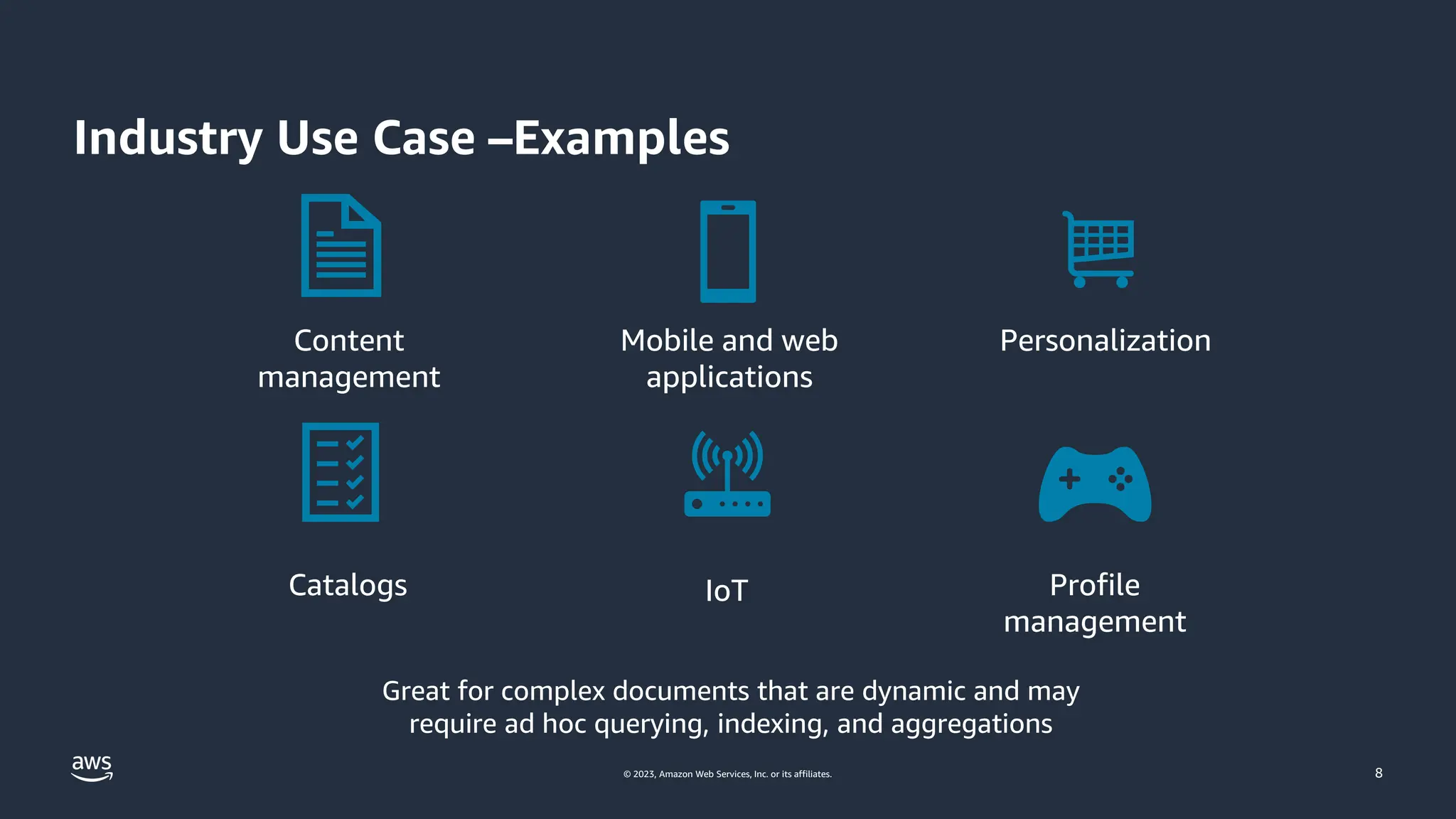 © 2023, Amazon Web Services, Inc. or its affiliates.
Industry Use Case –Examples
8
Catalogs
Content
management
Mobile and web
applications
IoT Profile
management
Personalization
Great for complex documents that are dynamic and may
require ad hoc querying, indexing, and aggregations
 