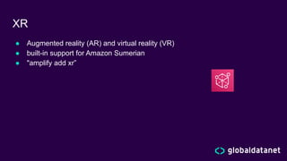 XR
● Augmented reality (AR) and virtual reality (VR)
● built-in support for Amazon Sumerian
● "amplify add xr”
 