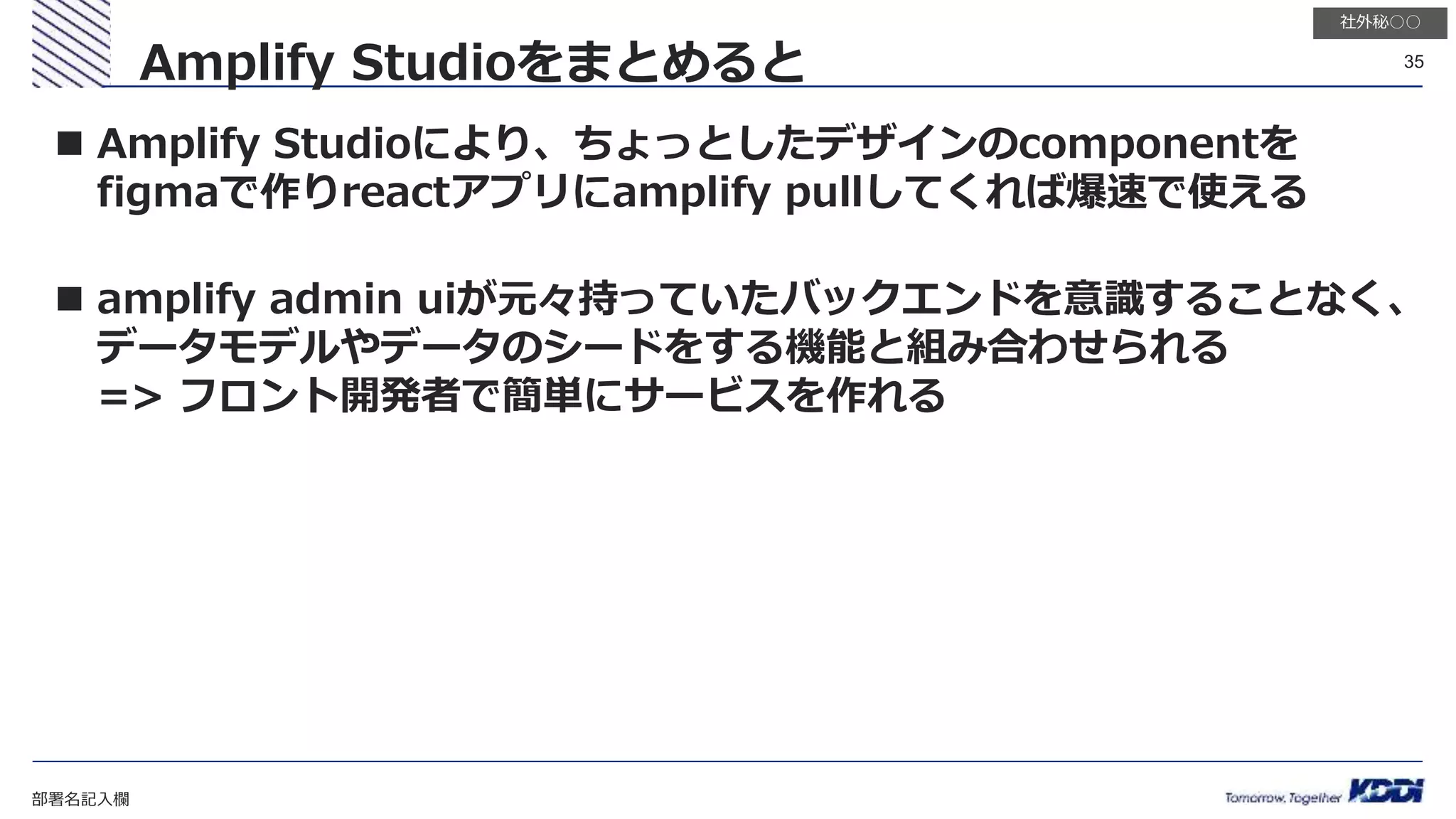 部署名記入欄
35
社外秘○○
 Amplify Studioにより、ちょっとしたデザインのcomponentを
figmaで作りreactアプリにamplify pullしてくれば爆速で使える
 amplify admin uiが元々持っていたバックエンドを意識することなく、
データモデルやデータのシードをする機能と組み合わせられる
=> フロント開発者で簡単にサービスを作れる
Amplify Studioをまとめると
 