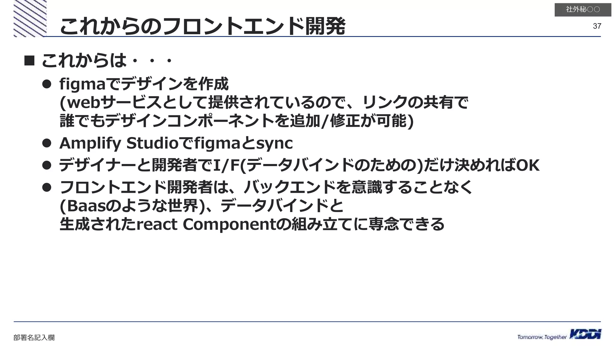 部署名記入欄
37
社外秘○○
 これからは・・・
 figmaでデザインを作成
(webサービスとして提供されているので、リンクの共有で
誰でもデザインコンポーネントを追加/修正が可能)
 Amplify Studioでfigmaとsync
 デザイナーと開発者でI/F(データバインドのための)だけ決めればOK
 フロントエンド開発者は、バックエンドを意識することなく
(Baasのような世界)、データバインドと
生成されたreact Componentの組み立てに専念できる
これからのフロントエンド開発
 