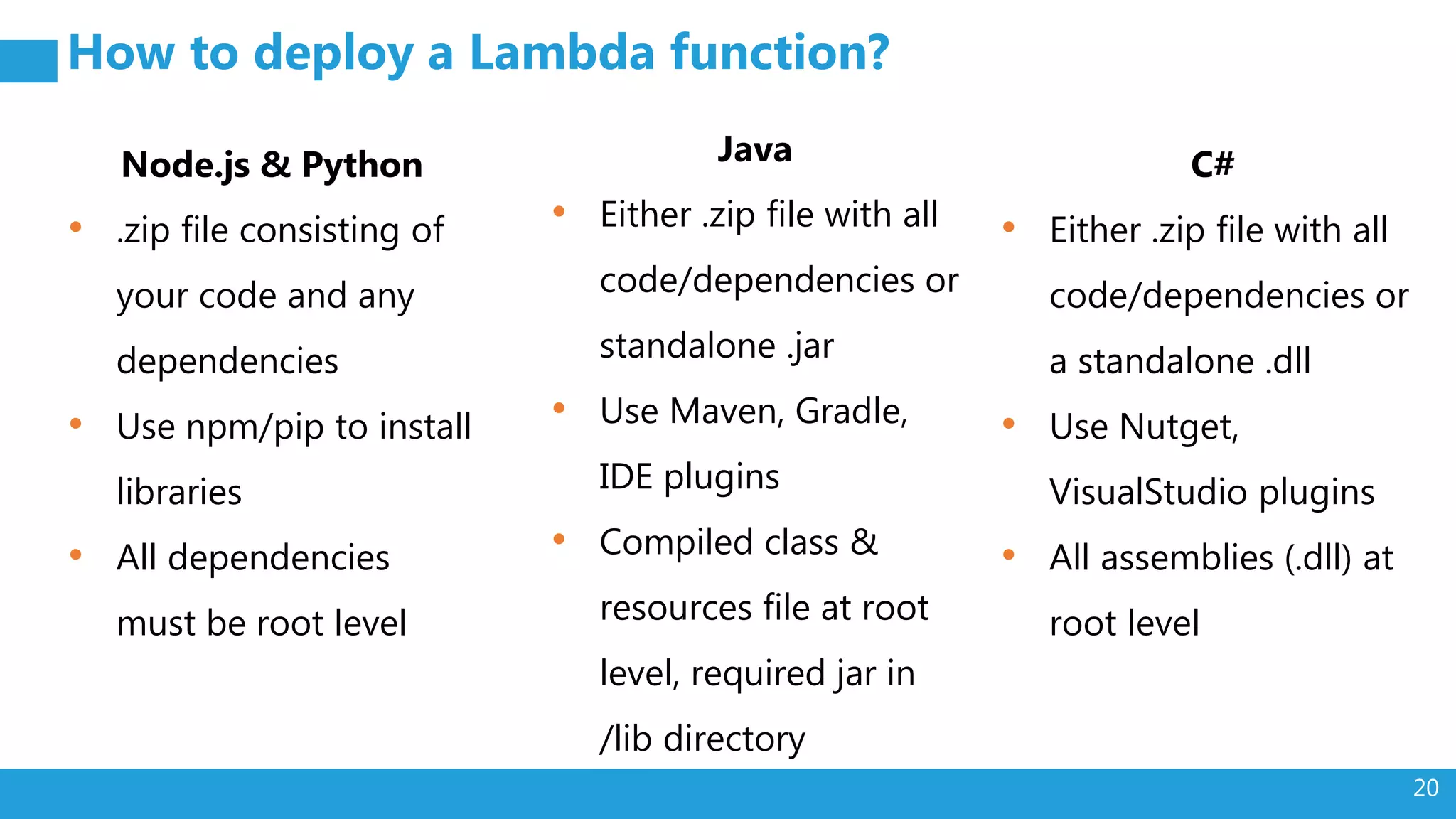 20
How to deploy a Lambda function?
Node.js & Python
• .zip file consisting of
your code and any
dependencies
• Use npm/pip to install
libraries
• All dependencies
must be root level
Java
• Either .zip file with all
code/dependencies or
standalone .jar
• Use Maven, Gradle,
IDE plugins
• Compiled class &
resources file at root
level, required jar in
/lib directory
C#
• Either .zip file with all
code/dependencies or
a standalone .dll
• Use Nutget,
VisualStudio plugins
• All assemblies (.dll) at
root level
 