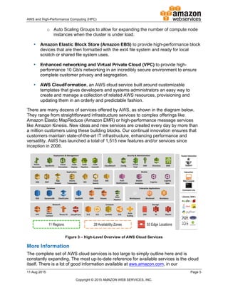 !
AWS!and!HighDPerformance!Computing!(HPC)! ! !
11!Aug!2015! ! Page!5!
!
Copyright!©!2015!AMAZON!WEB!SERVICES,!INC.!!
o! Auto!Scaling!Groups!to!allow!for!expanding!the!number!of!compute!node!
instances!when!the!cluster!is!under!load.!
•! Amazon!Elastic!Block!Store!(Amazon!EBS)!to!provide!highDperformance!block!
devices!that!are!then!formatted!with!the!ext4!file!system!and!ready!for!local!
scratch!or!shared!file!system!uses.!
•! Enhanced!networking!and!Virtual!Private!Cloud!(VPC)!to!provide!highD
performance!10!Gb/s!networking!in!an!incredibly!secure!environment!to!ensure!
complete!customer!privacy!and!segregation.!
•! AWS!CloudFormation,!an!AWS!cloud!service!built!around!customizable!
templates!that!gives!developers!and!systems!administrators!an!easy!way!to!
create!and!manage!a!collection!of!related!AWS!resources,!provisioning!and!
updating!them!in!an!orderly!and!predictable!fashion.!
There!are!many!dozens!of!services!offered!by!AWS,!as!shown!in!the!diagram!below.!
They!range!from!straightforward!infrastructure!services!to!complex!offerings!like!
Amazon!Elastic!MapReduce!(Amazon!EMR)!or!highDperformance!message!services!
like!Amazon!Kinesis.!New!ideas!and!new!services!are!created!every!day!by!more!than!
a!million!customers!using!these!building!blocks.!Our!continual!innovation!ensures!that!
customers!maintain!stateDofDtheDart!IT!infrastructure,!enhancing!performance!and!
versatility.!AWS!has!launched!a!total!of!1,515!new!features!and/or!services!since!
inception!in!2006.!
!
Figure!3!–!High5Level!Overview!of!AWS!Cloud!Services!
More!Information!
The!complete!set!of!AWS!cloud!services!is!too!large!to!simply!outline!here!and!is!
constantly!expanding.!The!most!upDtoDdate!reference!for!available!services!is!the!cloud!
itself.!There!is!a!lot!of!good!information!available!at!aws.amazon.com,!in!our!
 