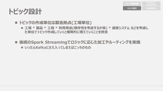 トピック設計
l トピックの作成単位は製造拠点(⼯場単位)
l ⼯場 * 製品 * ⼯程 * 利⽤⽤途(順序性を考慮するか等) * 連携システム などを考慮し
た単位でトピック作成していくと爆発的に増えていくことを懸念
l 後続のSpark Streamingでロジックに応じた加⼯やルーティングを実施
l いったんKafkaにさえ⼊ってしまえばこっちのもの
クラスタ構成配置
Producer
Consumer
トピック設計 その他の細々
 