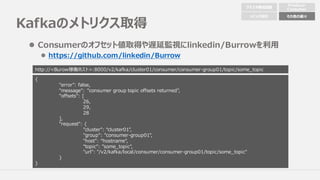 Kafkaのメトリクス取得
l Consumerのオフセット値取得や遅延監視にlinkedin/Burrowを利⽤
l https://github.com/linkedin/Burrow
クラスタ構成配置
Producer
Consumer
トピック設計 その他の細々
{
"error": false,
"message": "consumer group topic offsets returned",
"offsets": [
26,
29,
28
],
"request": {
"cluster": “cluster01",
"group": ”consumer-group01",
"host": “hostname",
"topic": ”some_topic",
"url": "/v2/kafka/local/consumer/consumer-group01/topic/some_topic"
}
}
http://<Burow稼働ホスト>:8000/v2/kafka/cluster01/consumer/consumer-group01/topic/some_topic
 