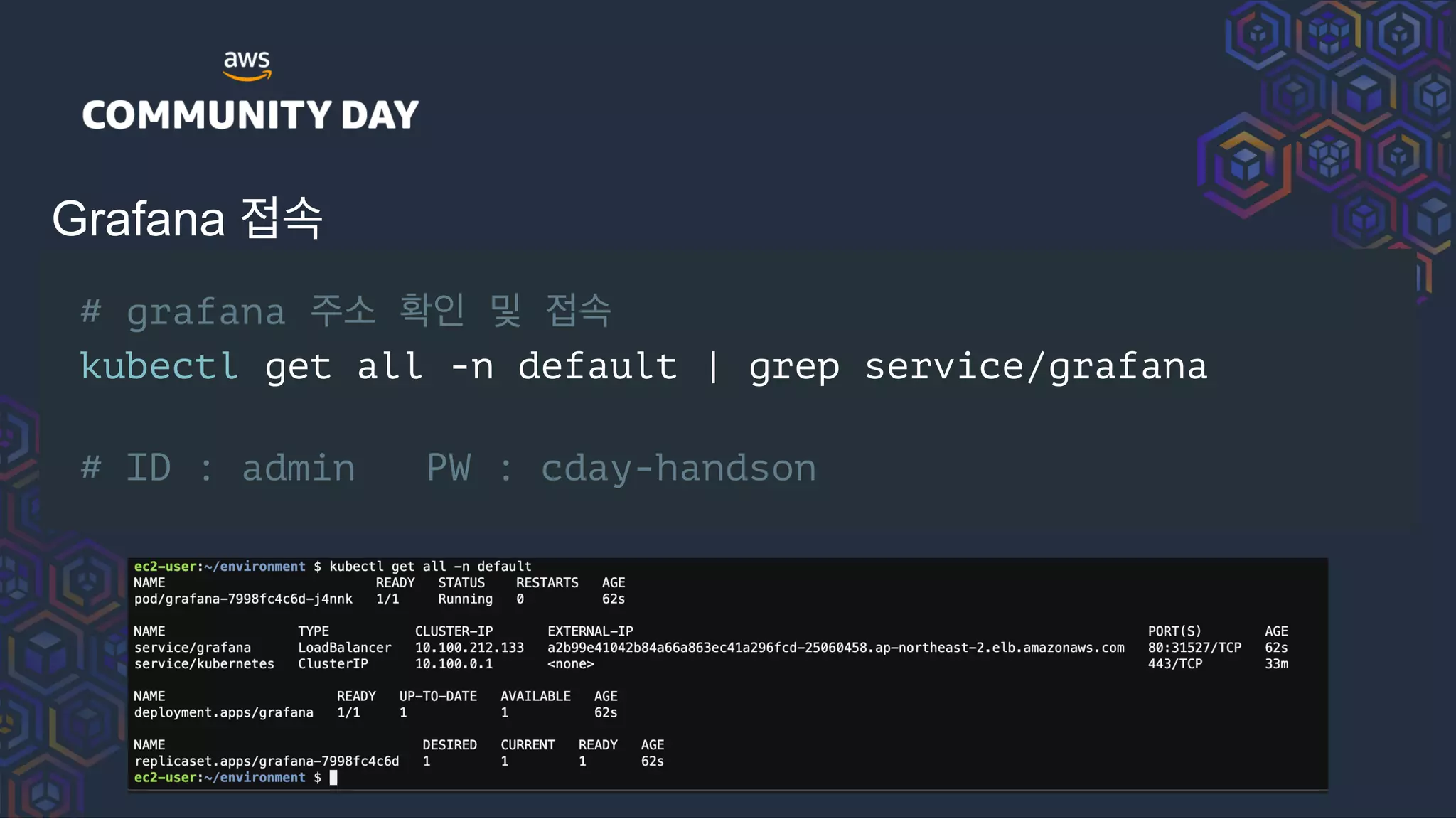 Grafana 접속
# grafana 주소 확인 및 접속
kubectl get all -n default | grep service/grafana
# ID : admin PW : cday-handson
 