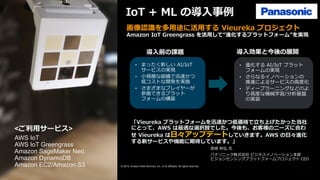 © 2019, Amazon Web Services, Inc. or its affiliates. All rights reserved.
画像認識を多用途に活用する Vieureka プロジェクト
Amazon IoT Greengrass を活用して“進化するプラットフォーム”を実現
• まったく新しい AI/IoT
サービスの実現
• 小規模な組織で迅速かつ
低コストな開発を実施
• さまざまなプレイヤーが
参画できるプラット
フォームの構築
• 進化する AI/IoT プラット
フォームの実現
• さらなるイノベーションの
推進によるサービスの高度化
• ディープラーニングなどのよ
り高度な機械学習/分析基盤
の実装
「Vieureka プラットフォームを迅速かつ低価格で立ち上げたかった当社
にとって、AWS は最適な選択肢でした。今後も、お客様のニーズに合わ
せ Vieureka は日々アップデートしていきます。AWS の日々進化
する新サービスや機能に期待しています。」
宮崎 秋弘 氏
パナソニック株式会社 ビジネスイノベーション本部
ビジョンセンシングプラットフォームプロジェクト CEO
<ご利用サービス>
AWS IoT
AWS IoT Greengrass
Amazon SageMaker Neo
Amazon DynamoDB
Amazon EC2/Amazon S3
導入前の課題 導入効果と今後の展開
IoT + ML の導入事例
 