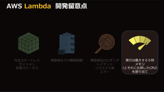 完全ステートレス
セッション
処理ステータス
関数単位での権限制御 関数単位のロギング
レイテンシ
リクエスト数
エラー
実行は最大９００秒
メモリ
（とそれに比例したCPU）
を割り当て
AWS Lambda 開発留意点
 