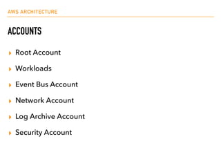 AWS ARCHITECTURE
ACCOUNTS
▸ Root Account
▸ Workloads
▸ Event Bus Account
▸ Network Account
▸ Log Archive Account
▸ Securit...
