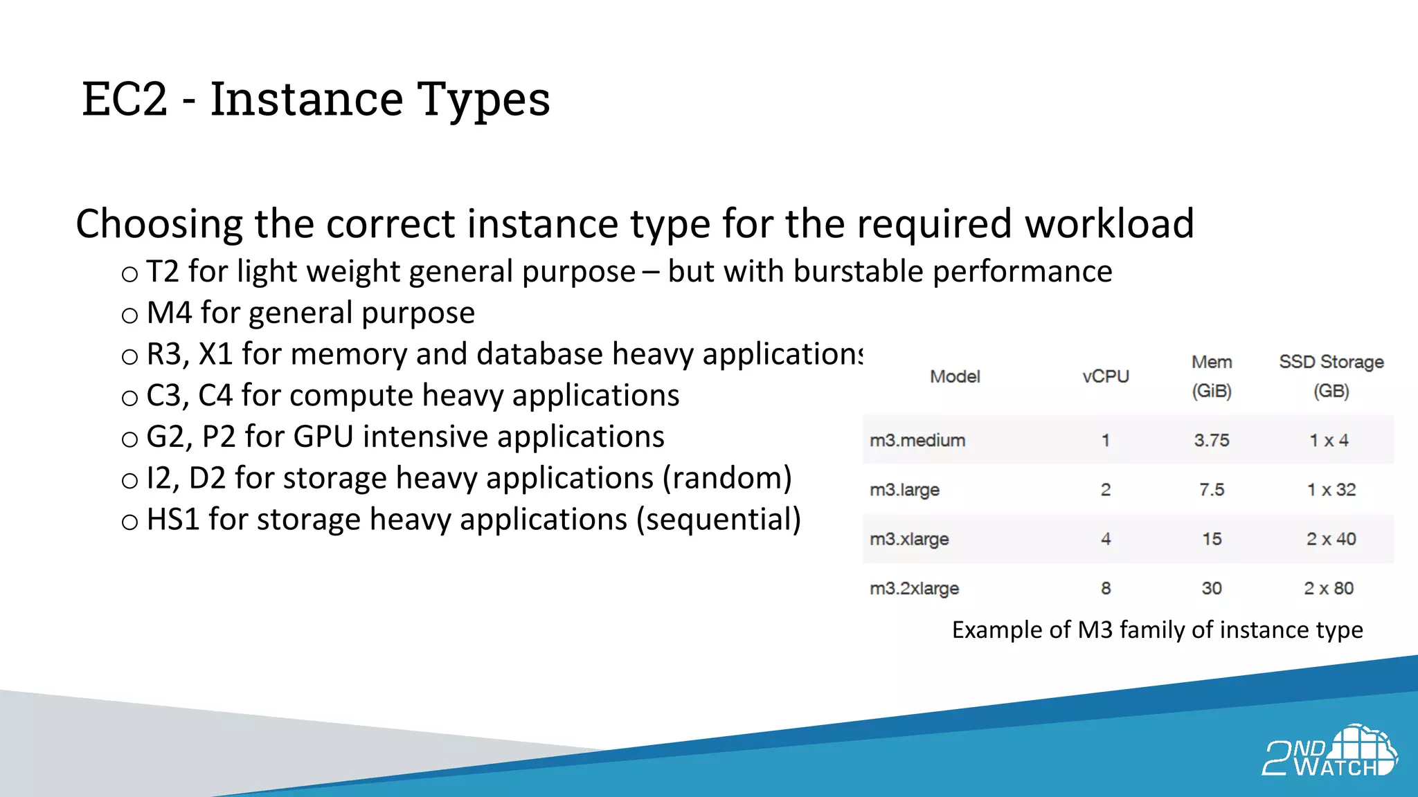 EC2 - Instance Types
Choosing the correct instance type for the required workload
o T2 for light weight general purpose – but with burstable performance
o M4 for general purpose
o R3, X1 for memory and database heavy applications
o C3, C4 for compute heavy applications
o G2, P2 for GPU intensive applications
o I2, D2 for storage heavy applications (random)
o HS1 for storage heavy applications (sequential)
Example of M3 family of instance type
 