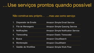 Automação
Total
Controle
Total
Elastic
Beanstalk
CloudFormation
“Só quero minha
aplicação funcionando,
com acesso a servidores
só se necessário”
“Eu quero colocar no
controle de versões
toda a definição do meu
data center”
Construa Aplicações, Não Infraestrutura
AWS
OpsWorks
“Quero usar o Chef com
simplicidade e
orquestração de recipes”
 