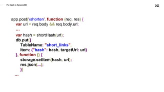 Put hash to DynamoDB
app.post('/shorten', function (req, res) {
var url = req.body && req.body.url;
…
var hash = shortHash(url);
db.put({
TableName: "short_links",
Item: {"hash": hash, targetUrl: url}
}, function () {
storage.setItem(hash, url);
res.json(...);
})
…
 