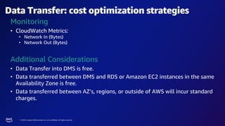 © 2023, Amazon Web Services, Inc. or its affiliates. All rights reserved.
Data Transfer: cost optimization strategies
Monitoring
• CloudWatch Metrics:
• Network In (Bytes)
• Network Out (Bytes)
Additional Considerations
• Data Transfer into DMS is free.
• Data transferred between DMS and RDS or Amazon EC2 instances in the same
Availability Zone is free.
• Data transferred between AZ’s, regions, or outside of AWS will incur standard
charges.
 