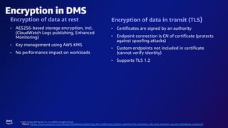 © 2023, Amazon Web Services, Inc. or its affiliates. All rights reserved.
Encryption in DMS
Encryption of data at rest
• AES256-based storage encryption, incl.
(CloudWatch Logs publishing, Enhanced
Monitoring)
• Key management using AWS KMS
• No performance impact on workloads
Encryption of data in transit (TLS)
• Certificates are signed by an authority
• Endpoint connection is CN of certificate (protects
against spoofing attacks)
• Custom endpoints not included in certificate
(cannot verify identity)
• Supports TLS 1.2
More: https://aws.amazon.com/blogs/database/selecting-the-right-encryption-options-for-amazon-rds-and-amazon-aurora-database-engines/
 
