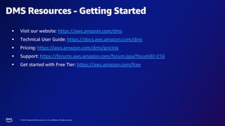 © 2023, Amazon Web Services, Inc. or its affiliates. All rights reserved.
DMS Resources - Getting Started
§ Visit our website: https://aws.amazon.com/dms
§ Technical User Guide: https://docs.aws.amazon.com/dms
§ Pricing: https://aws.amazon.com/dms/pricing
§ Support: https://forums.aws.amazon.com/forum.jspa?forumID=216
§ Get started with Free Tier: https://aws.amazon.com/free
 
